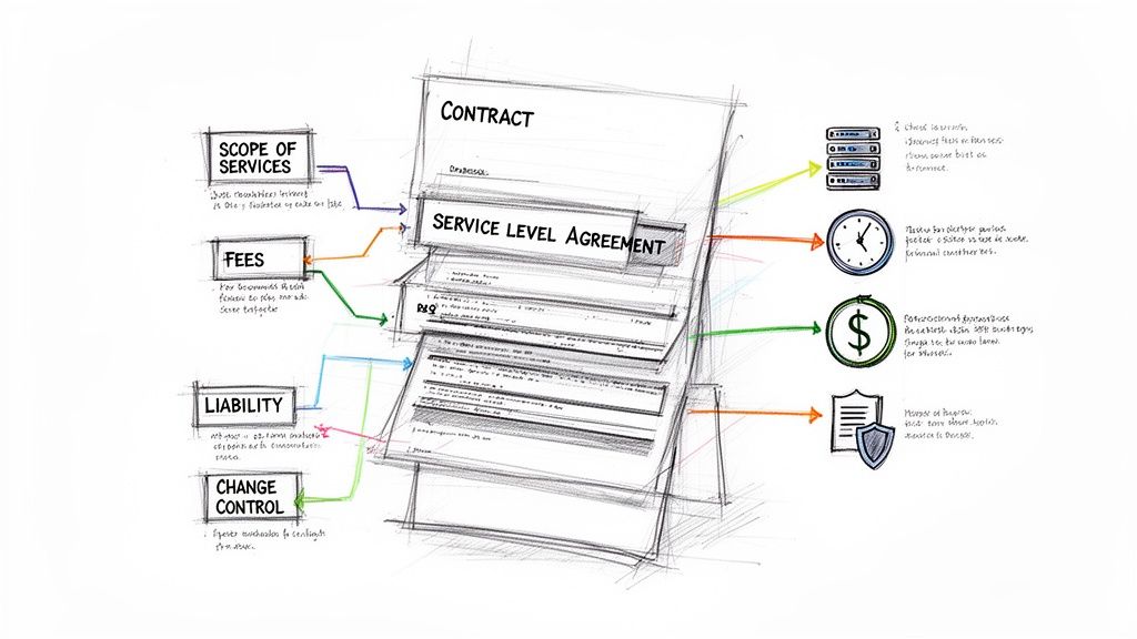 Sketch illustrating a Service Level Agreement (SLA) contract with components and icons.