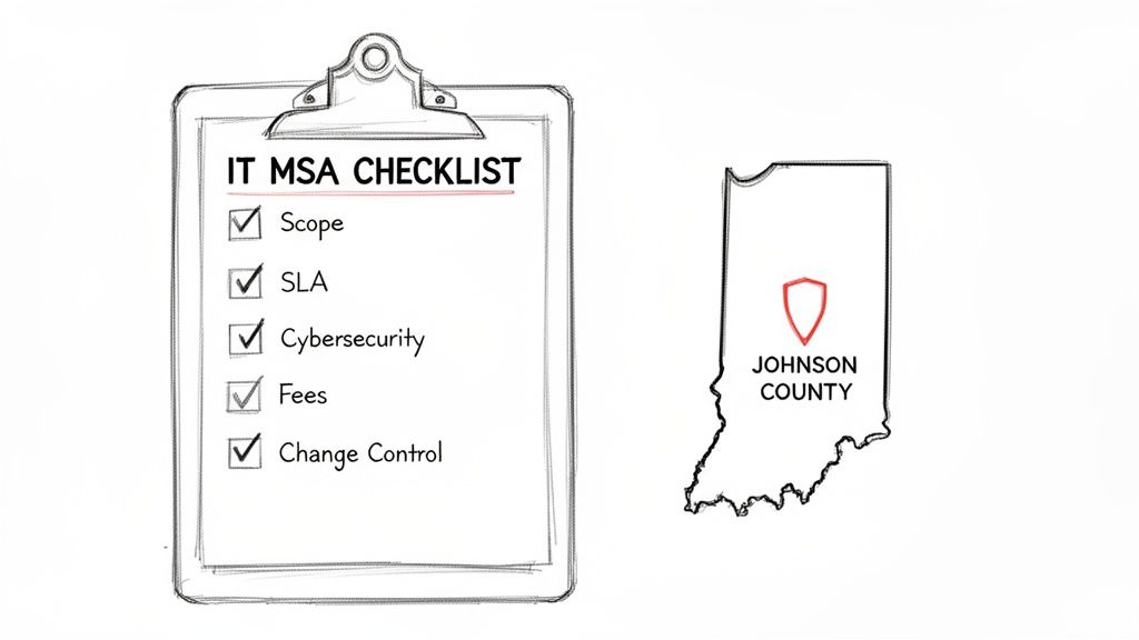 An IT MSA checklist with checked items for scope and cybersecurity, next to a map of Johnson County, Indiana.