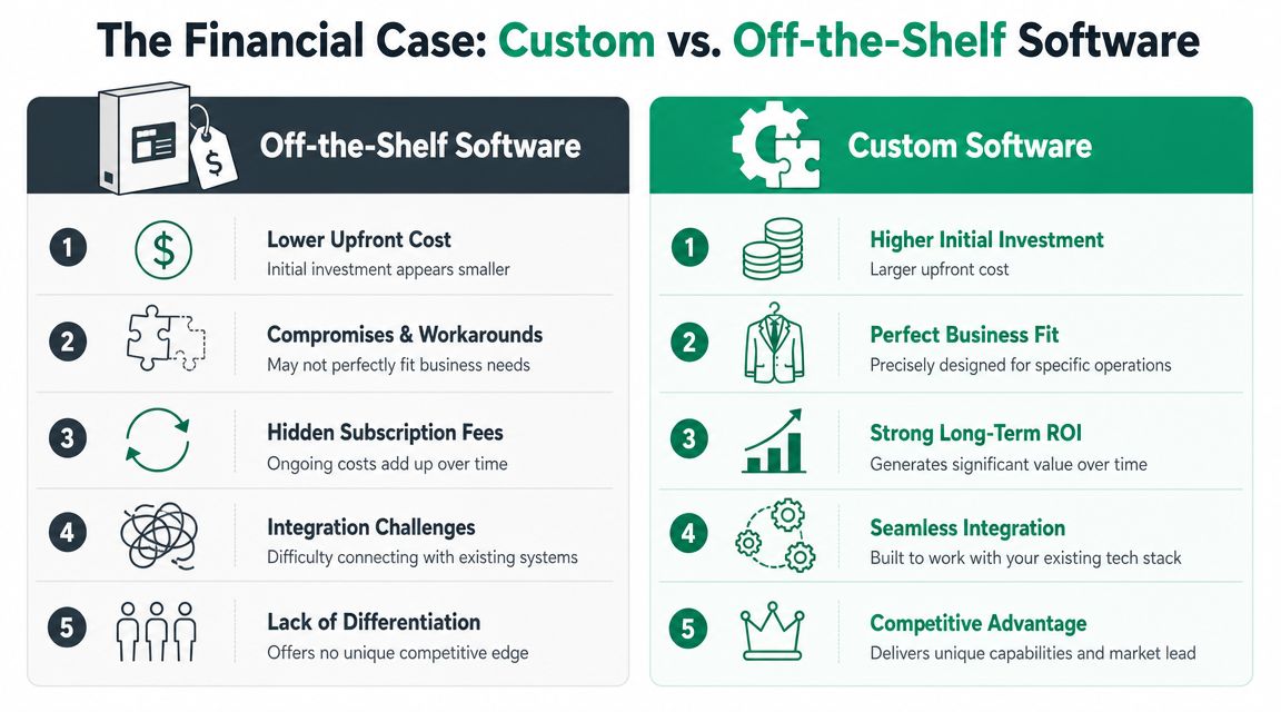 A comparison chart outlining the financial and operational pros and cons of off-the-shelf versus custom software solutions.