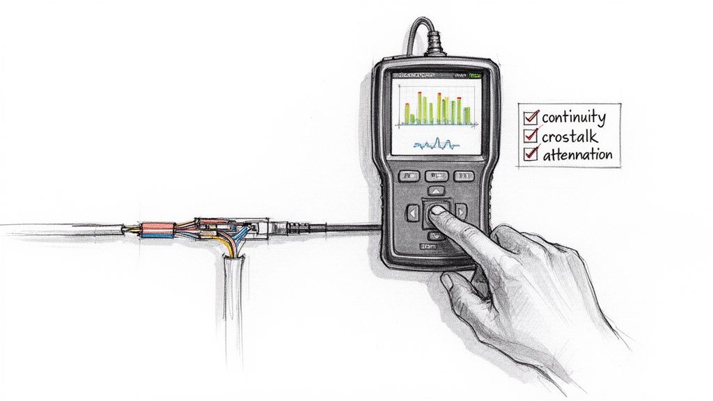 Hand testing a spliced network cable with a tester showing continuity, crosstalk, and attenuation results.