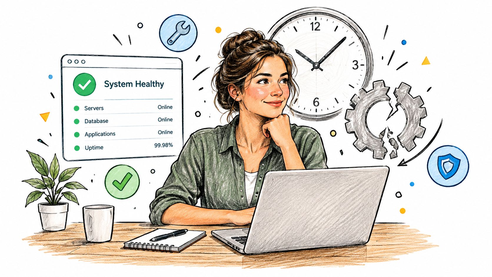 A woman looks at a laptop screen displaying a healthy system dashboard with server and database status.