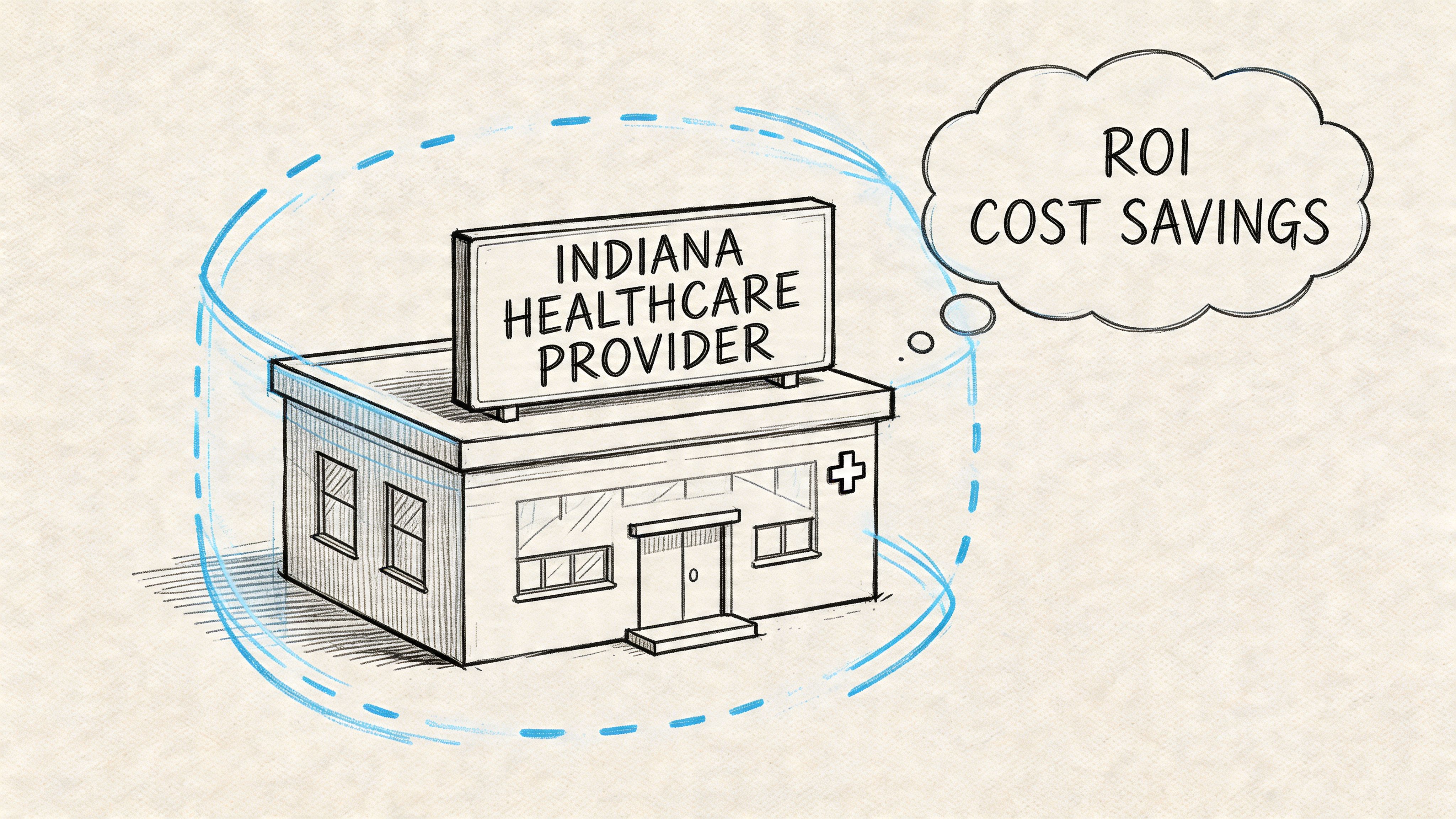 A hand-drawn illustration of an Indiana healthcare provider thinking about return on investment and cost savings.