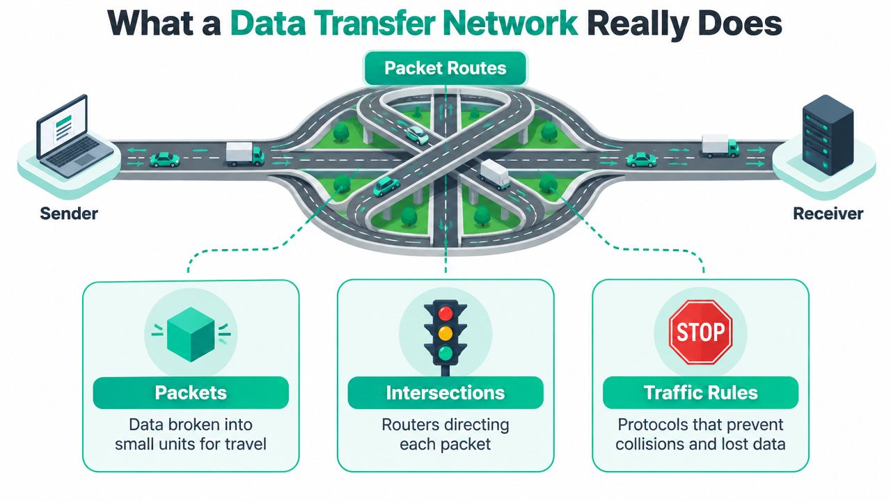 An infographic illustrating how data transfer networks use packets, routes, and traffic rules to move data.