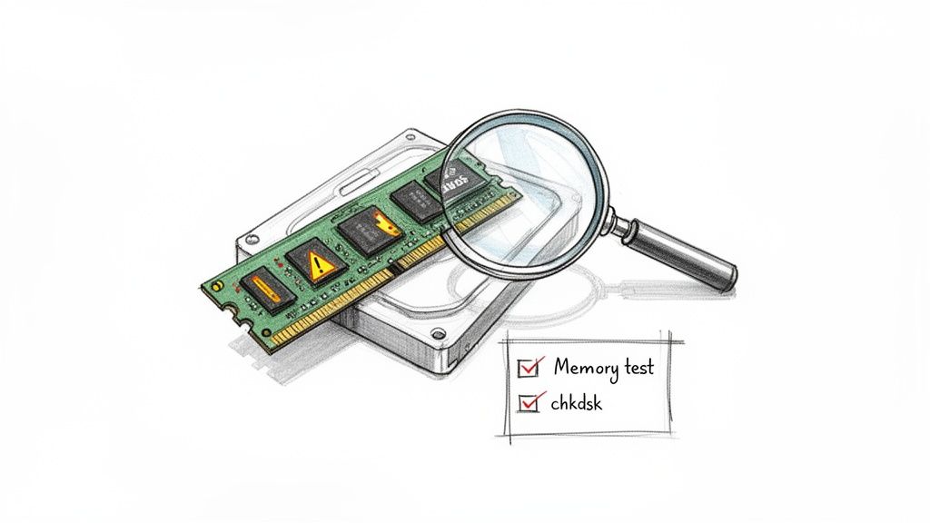 A magnifying glass inspecting a RAM stick with warning signs on a hard drive, next to a checklist for 'Memory test' and 'chkdsk'.