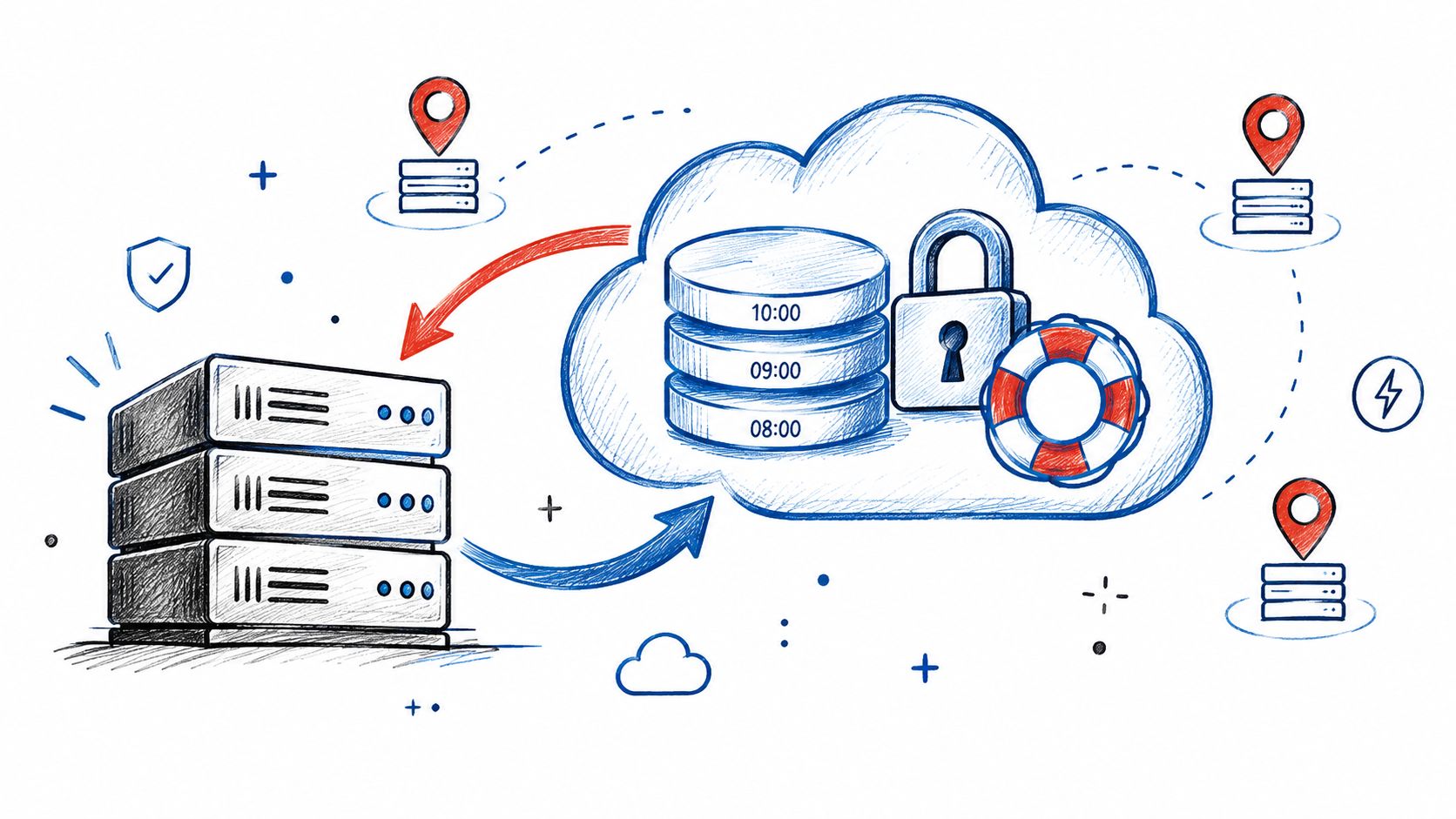 A conceptual hand-drawn illustration showing a server rack connected to cloud data storage with security icons.