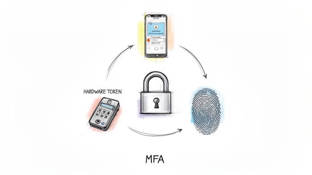 A diagram illustrating Multi-Factor Authentication (MFA) using a mobile app, hardware token, and fingerprint to secure a padlock.