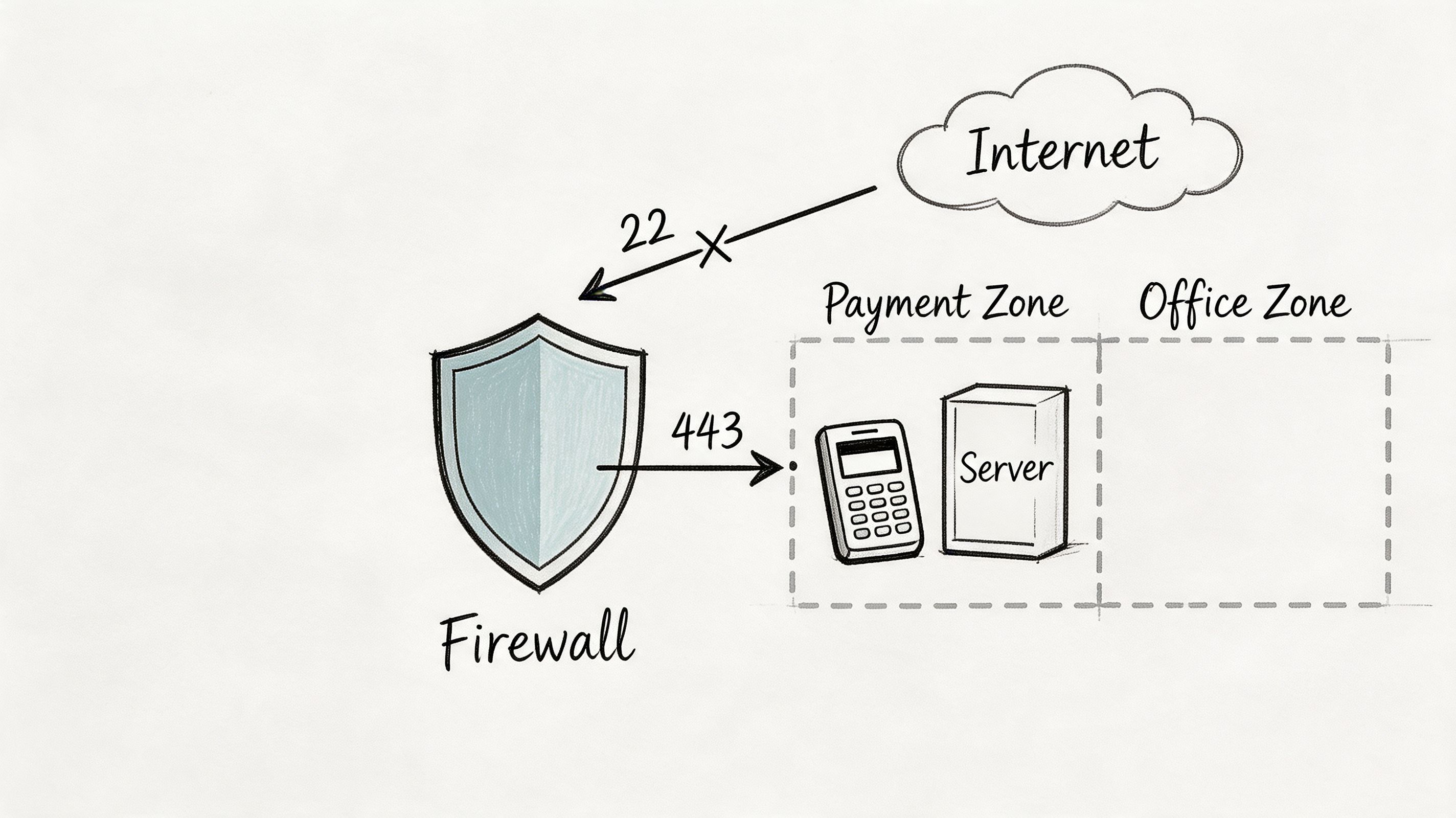 A diagram illustrating a firewall blocking port 22 and allowing port 443 into a payment zone.