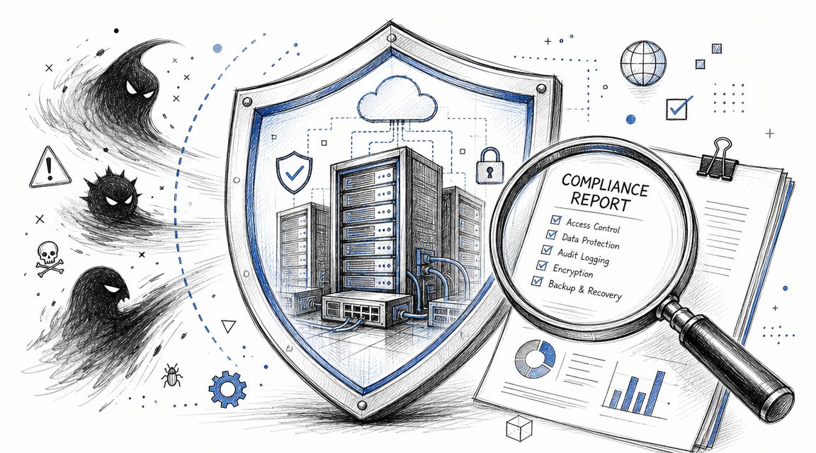 A digital illustration showing a shield protecting servers from cyber threats with a compliance report magnifying glass.