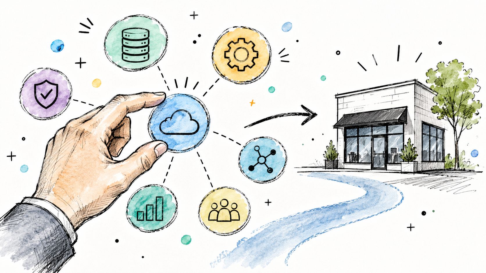 A hand interacting with a digital cloud icon connected to business elements leading to a retail storefront.