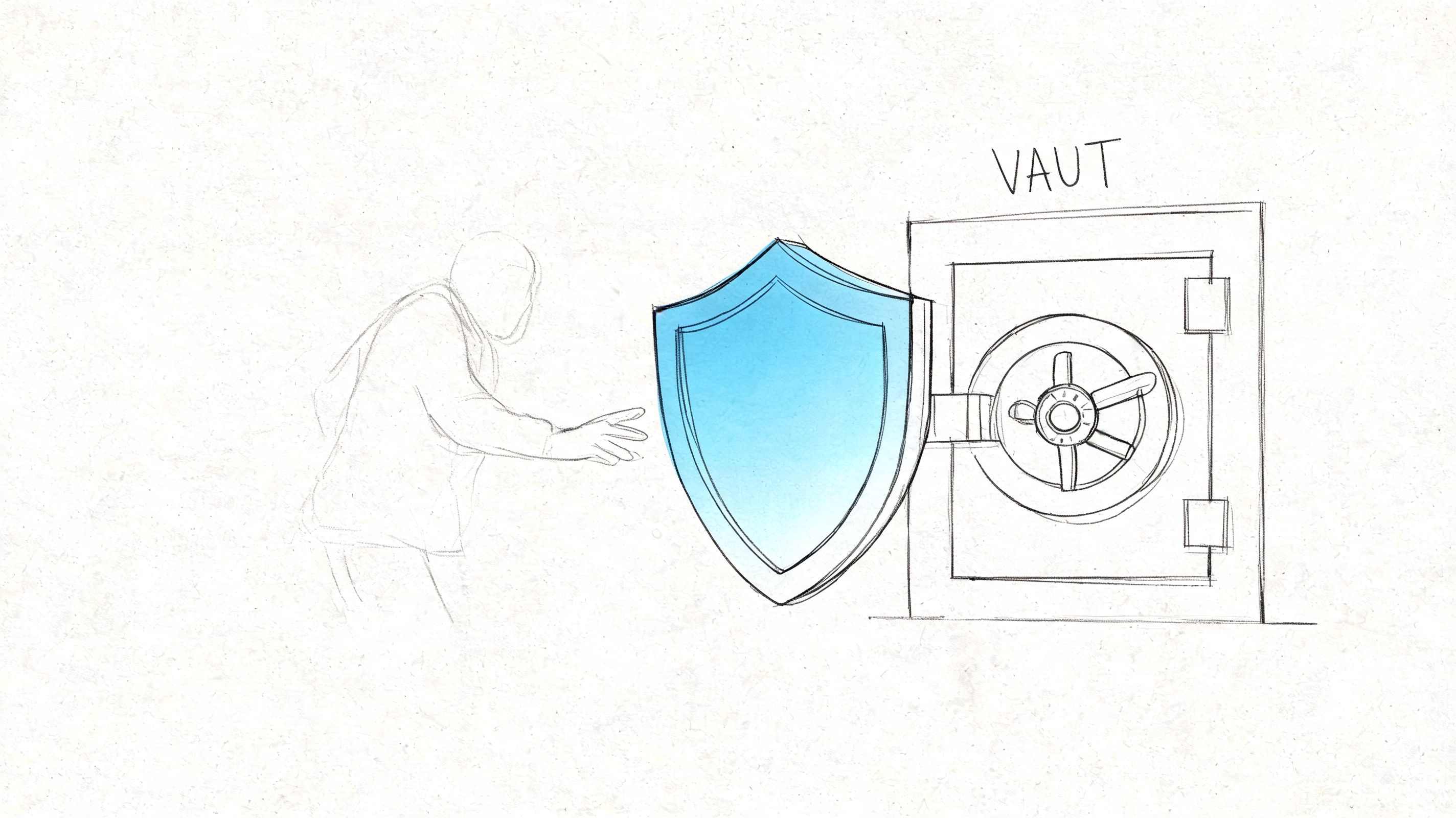 A hand-drawn illustration depicting a secure vault protected by a glowing blue shield, representing cybersecurity concepts.