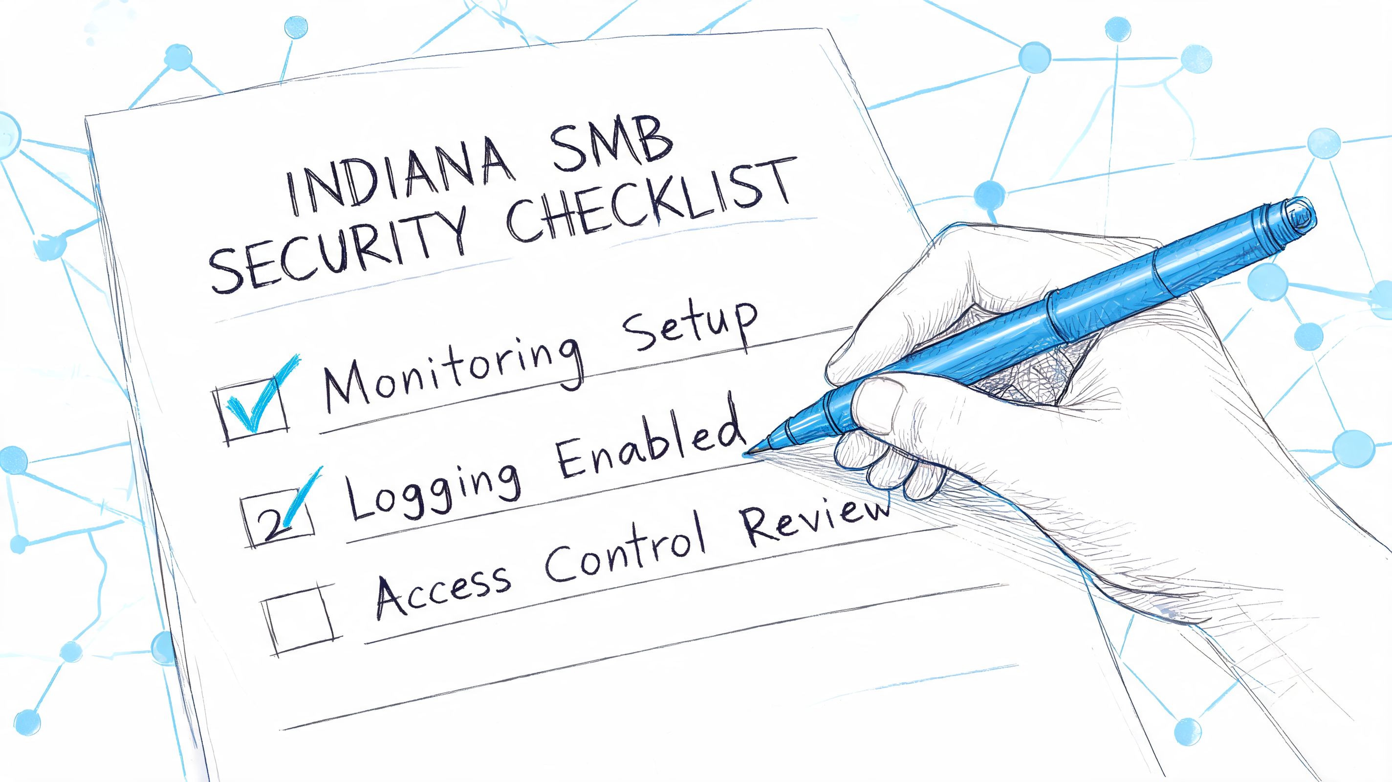 A hand using a blue pen to check items on an Indiana SMB security checklist document.