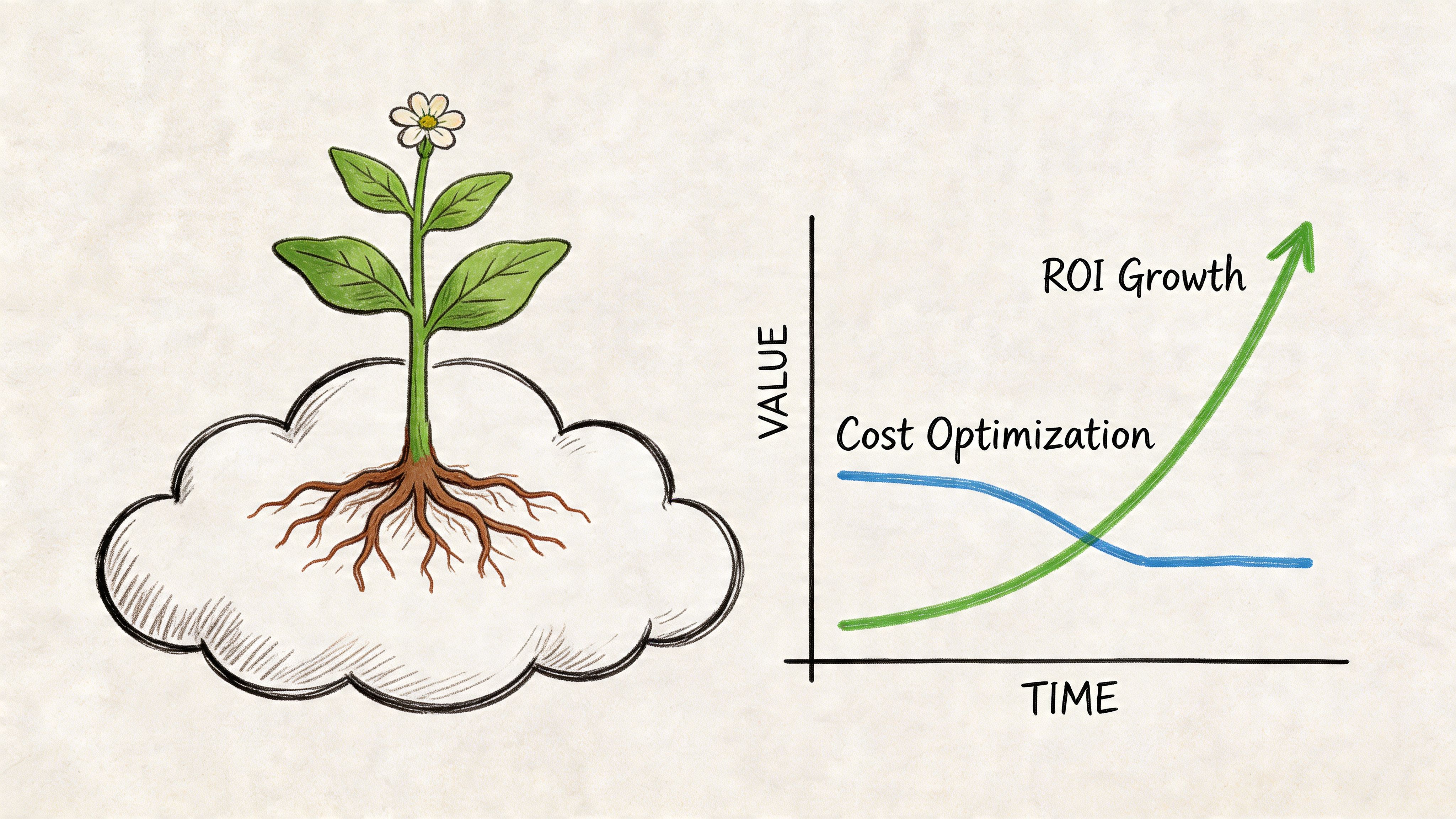 A hand-drawn illustration showing a plant growing from a cloud with a graph depicting ROI growth and cost optimization.