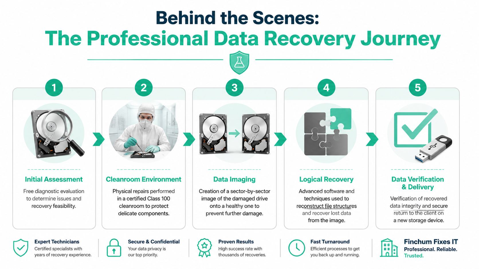 A five-step infographic detailing the professional data recovery process, from initial assessment to final data delivery.