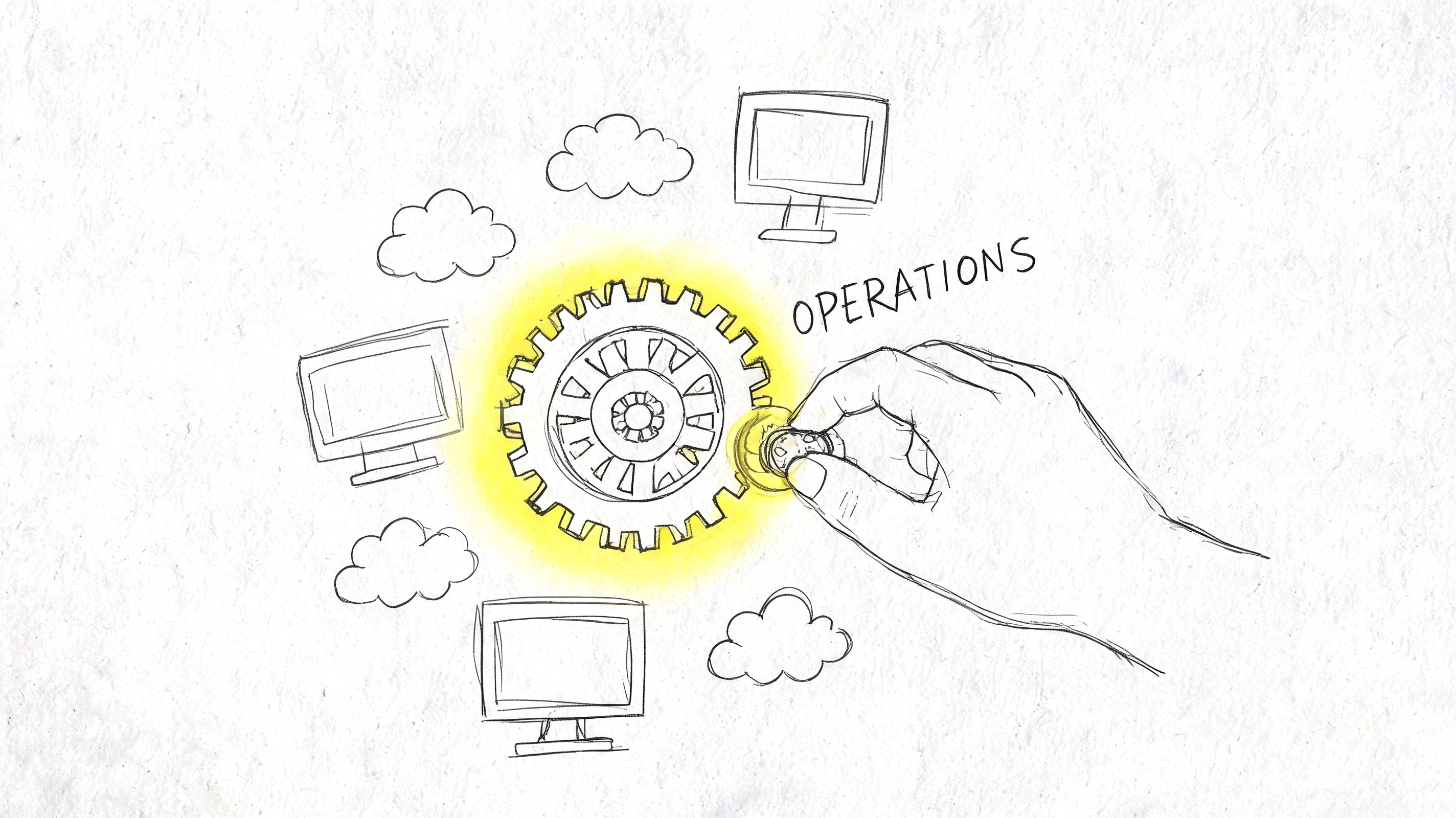 A hand operating a gear icon surrounded by computer monitors and clouds on a textured background.