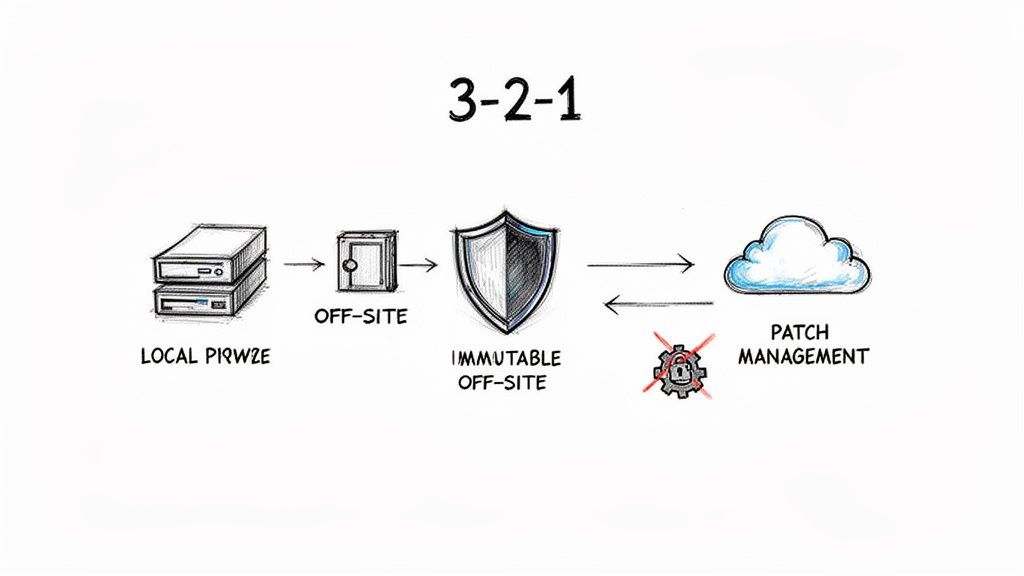 Diagram illustrating the 3-2-1 backup rule with local, off-site, and immutable off-site storage, linking to patch management.