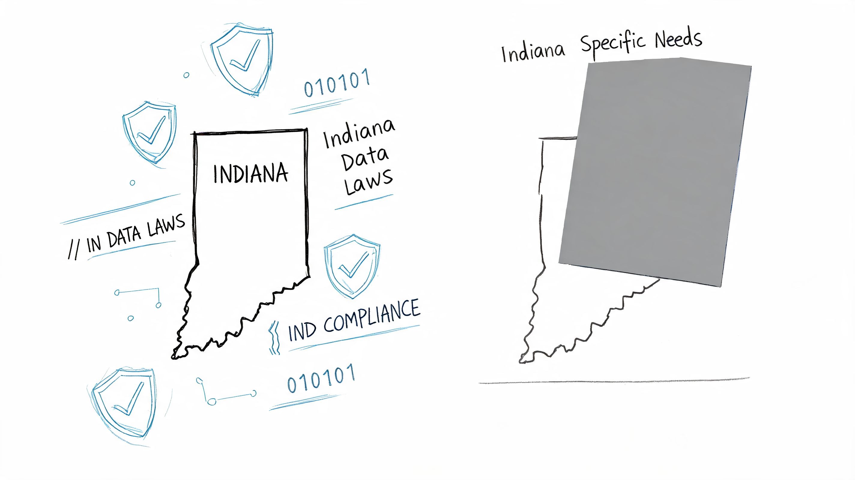 A conceptual diagram showing Indiana state outlines, data law labels, and cybersecurity shield icons.