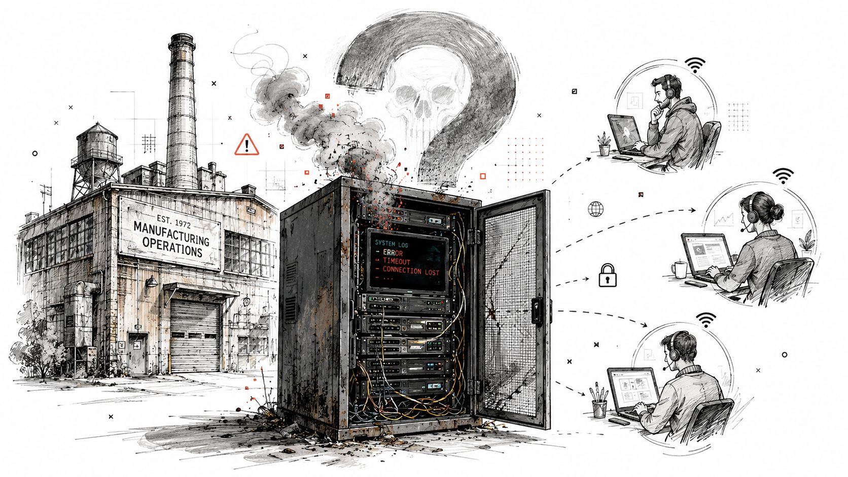 A digital illustration showing a factory server failure with remote workers monitoring connectivity issues and security threats.