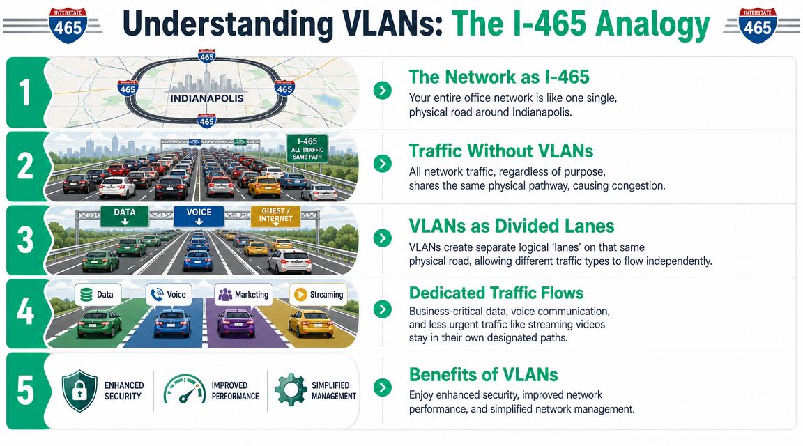 An infographic using the I-465 highway analogy to explain the concept and benefits of network VLANs.