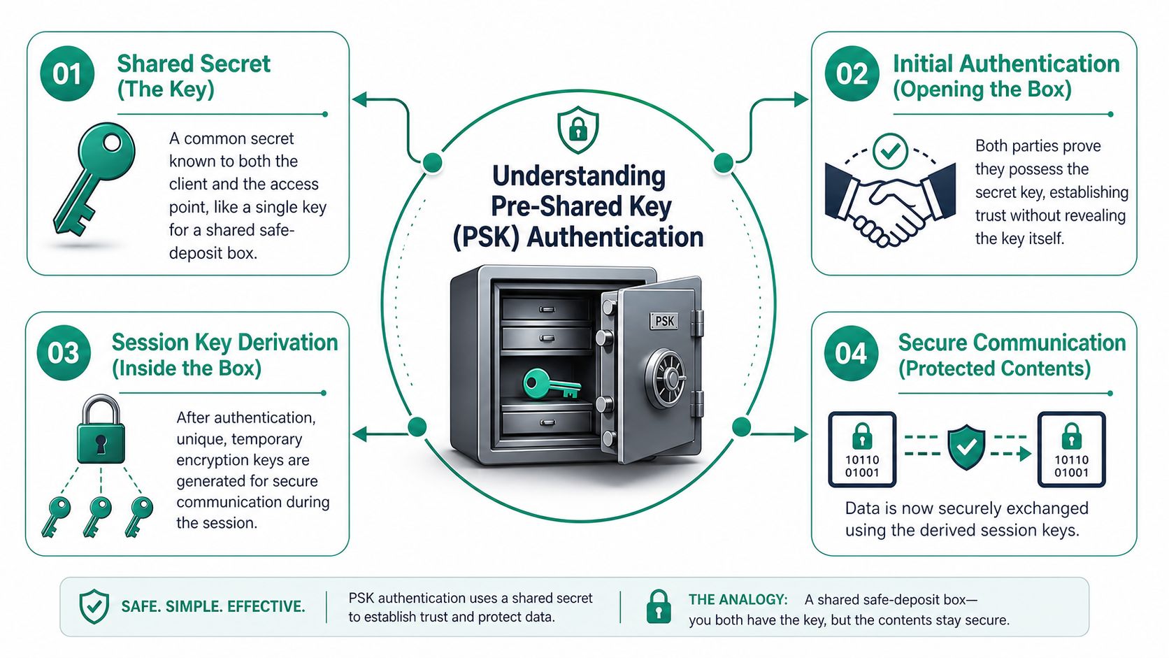 An infographic explaining how Pre-Shared Key (PSK) authentication works using a safe-deposit box analogy for network security.