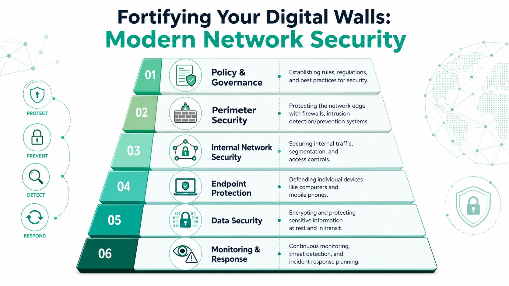 A pyramid diagram illustrating six essential layers of modern network security, including policy, perimeter, and data protection.