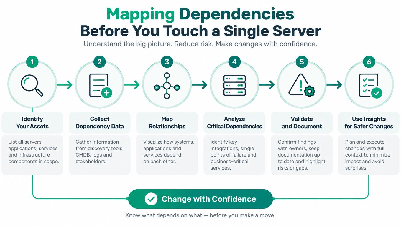 A six-step diagram illustrating the process for mapping IT dependencies before performing server infrastructure changes.