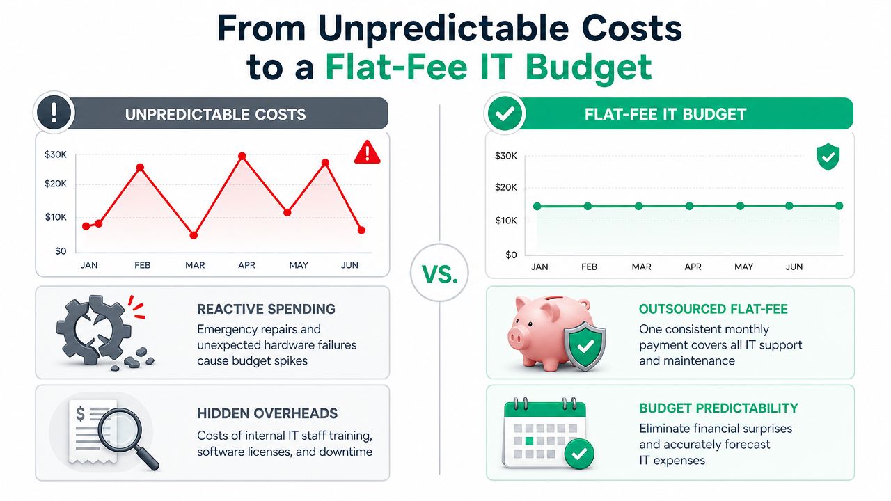 A comparison infographic showing unpredictable IT spending versus a stable, predictable flat-fee IT budget model.