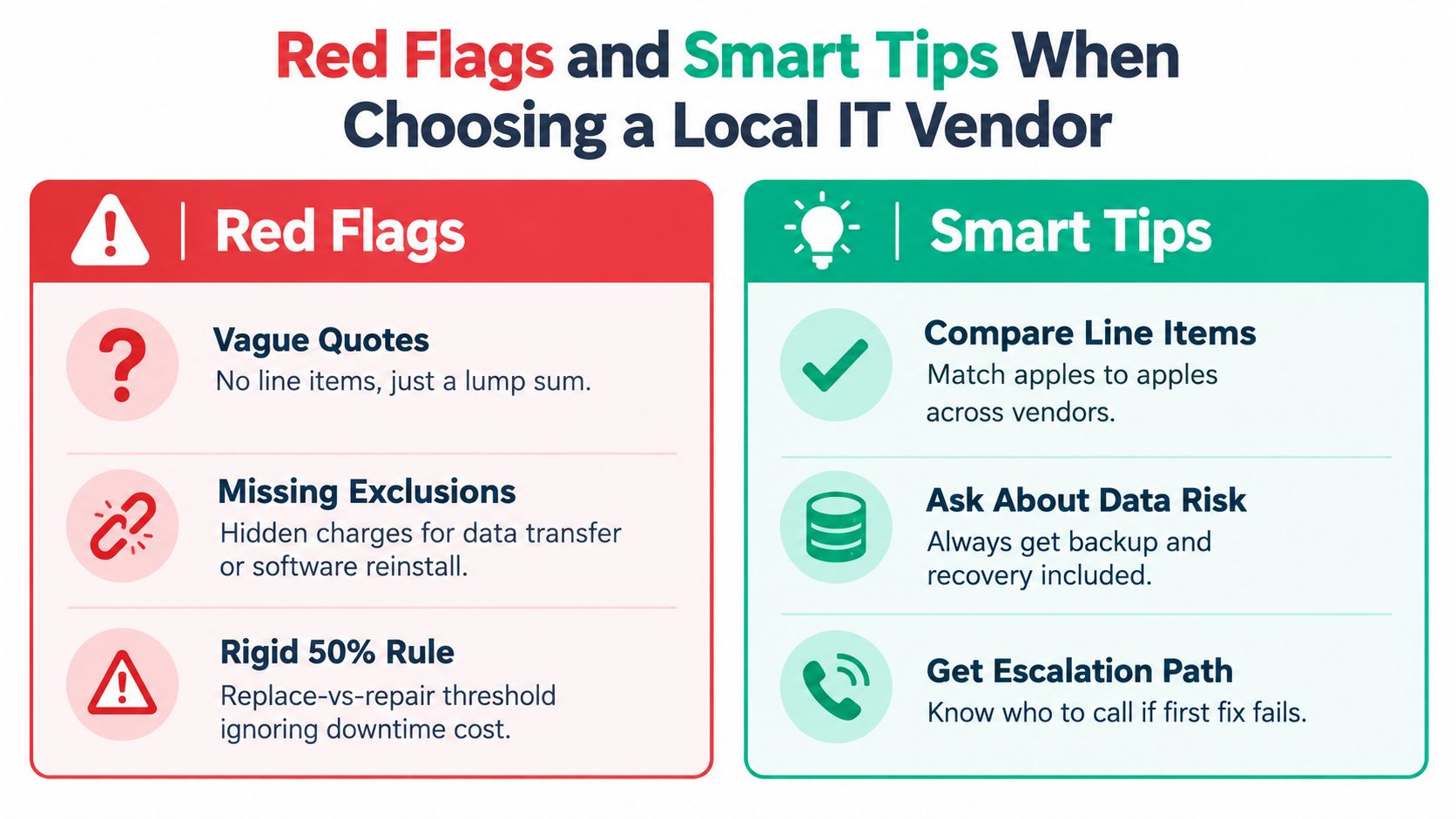 A visual guide outlining red flags and smart tips when choosing a local IT support vendor.
