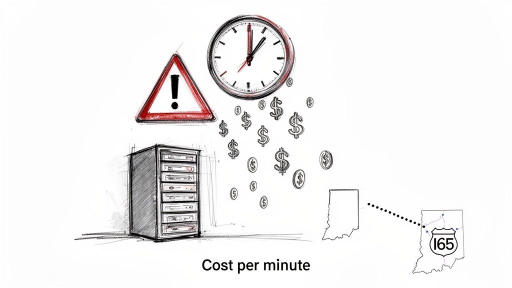 Illustration showing a warning sign, server, clock with falling money, and map, symbolizing IT downtime costs.