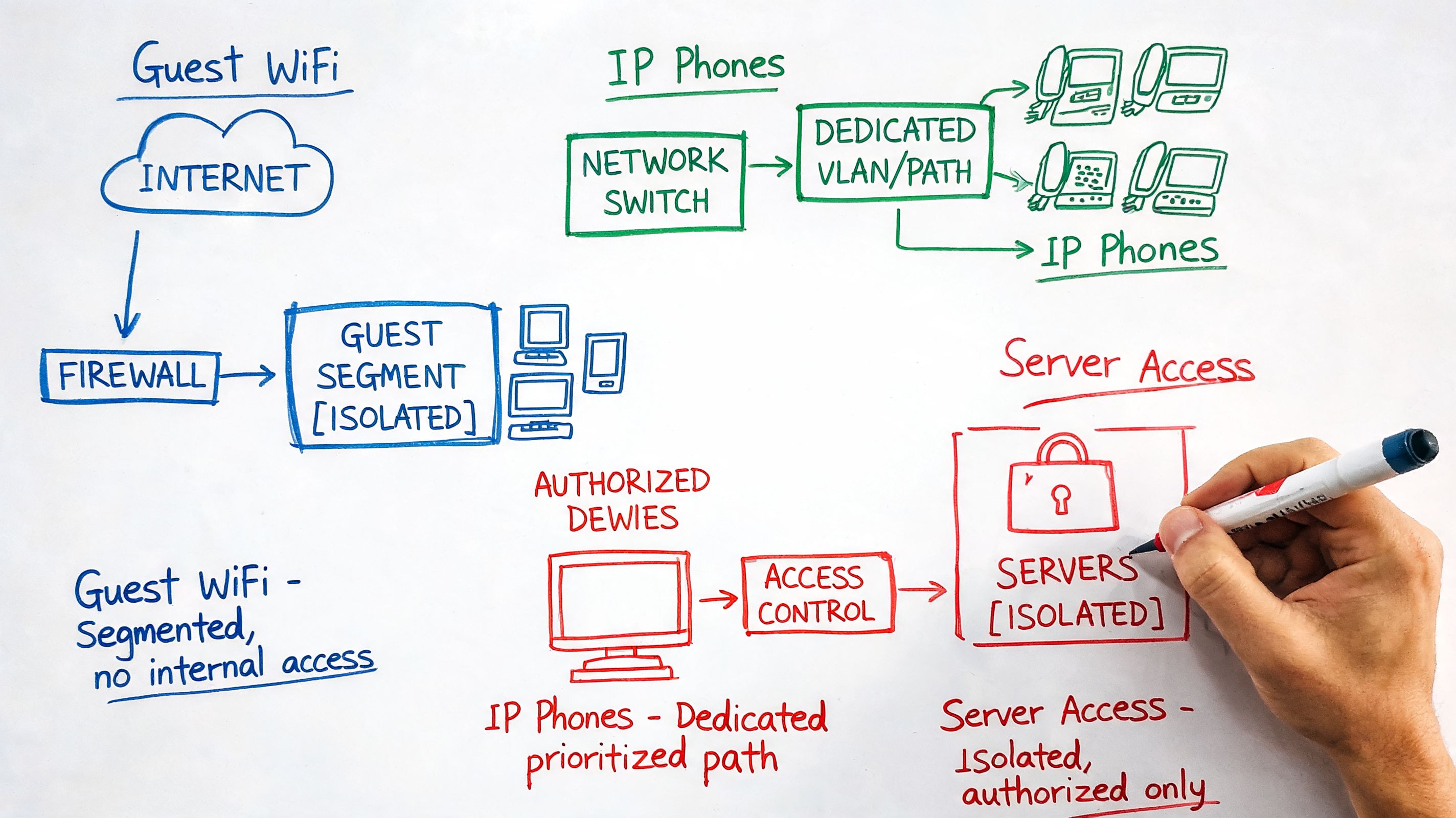 A whiteboard diagram explaining network segmentation for guest Wi-Fi, IP phones, and secure server access.