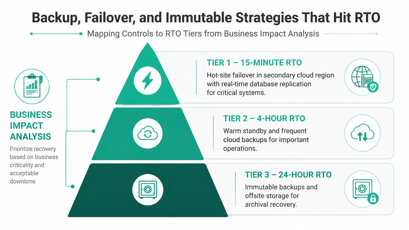 A diagram illustrating how business impact analysis maps to specific recovery time objective tiers for IT systems.