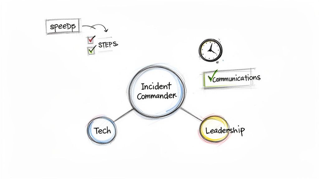 A hand-drawn diagram illustrating an Incident Commander, Tech, Leadership, speed, steps, and communications.