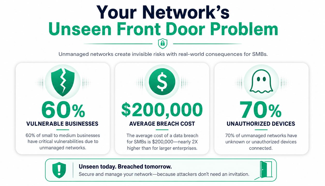 An infographic illustrating the security risks and costs of unmanaged business networks and unauthorized devices.