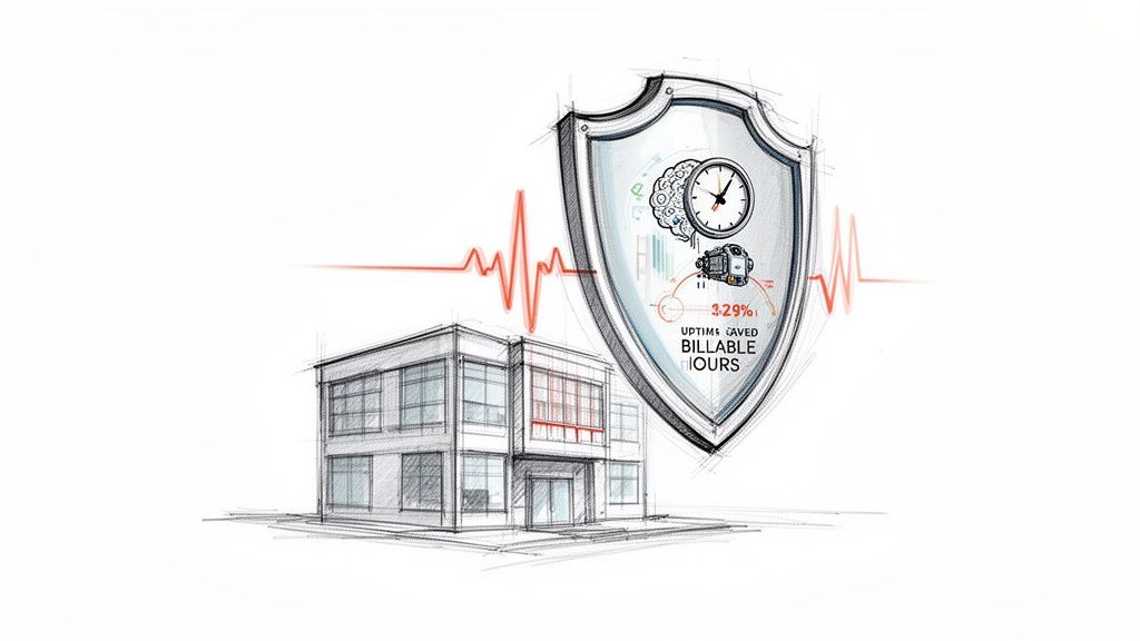 A sketch illustrates a building with a shield symbolizing uptime, saved billable hours, and intelligent protection.