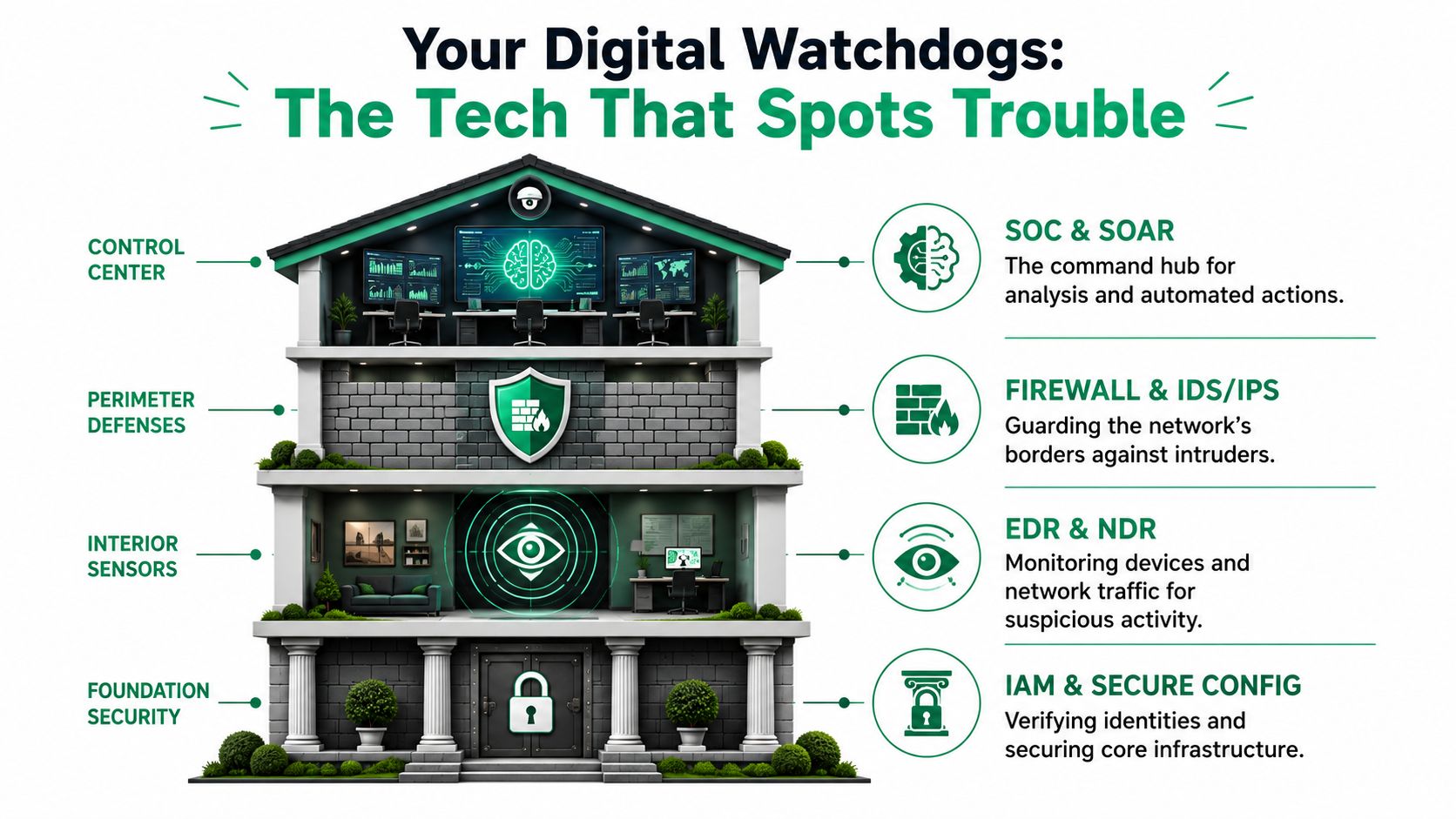 A diagram illustrating cybersecurity measures as layers of a house, representing defense, monitoring, and infrastructure protection.