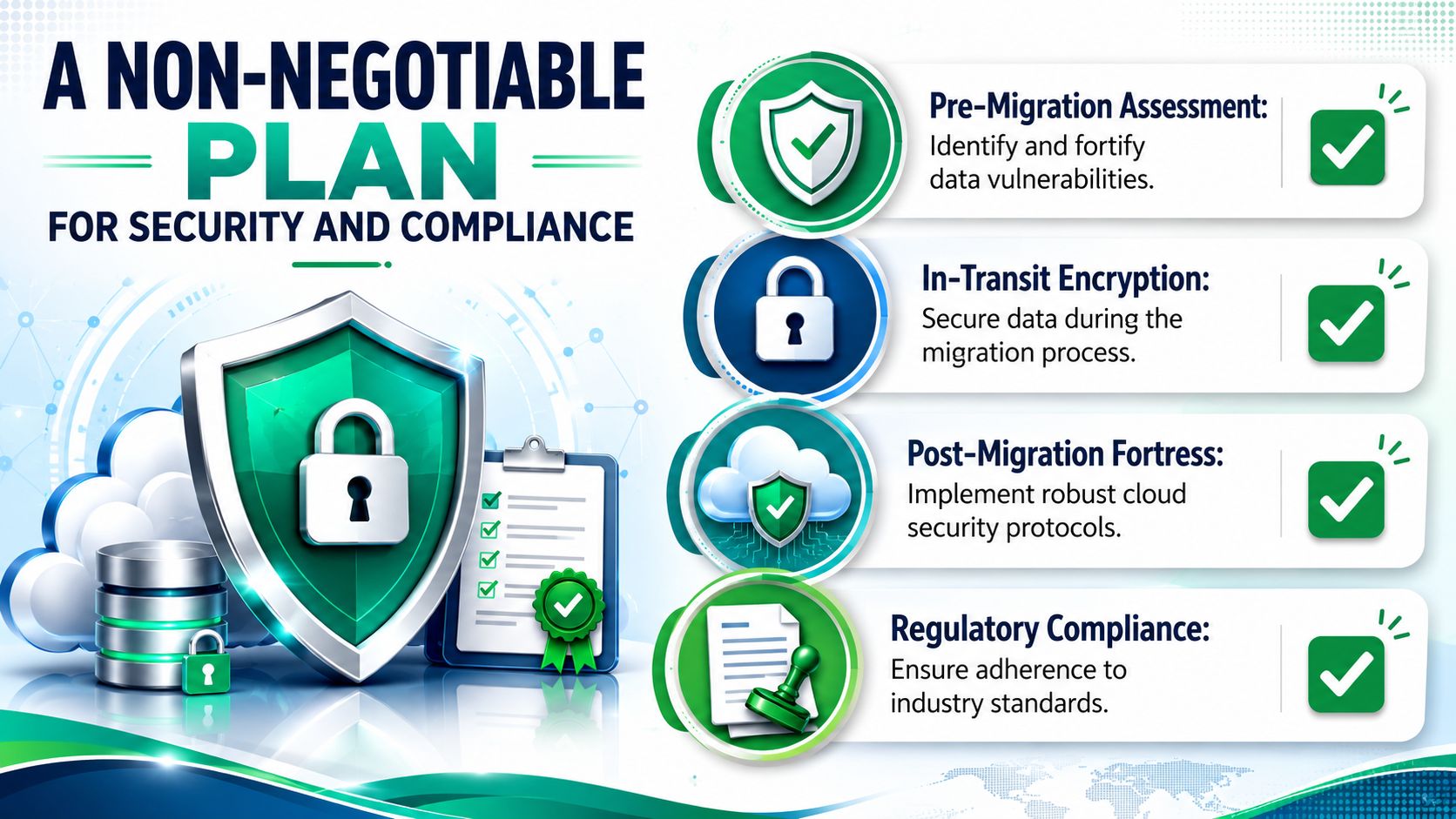 An infographic detailing a four-step security and compliance plan for successful cloud data migration.