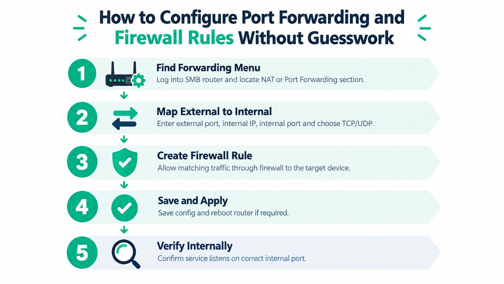 A five-step infographic showing how to configure port forwarding and firewall rules for network routers.