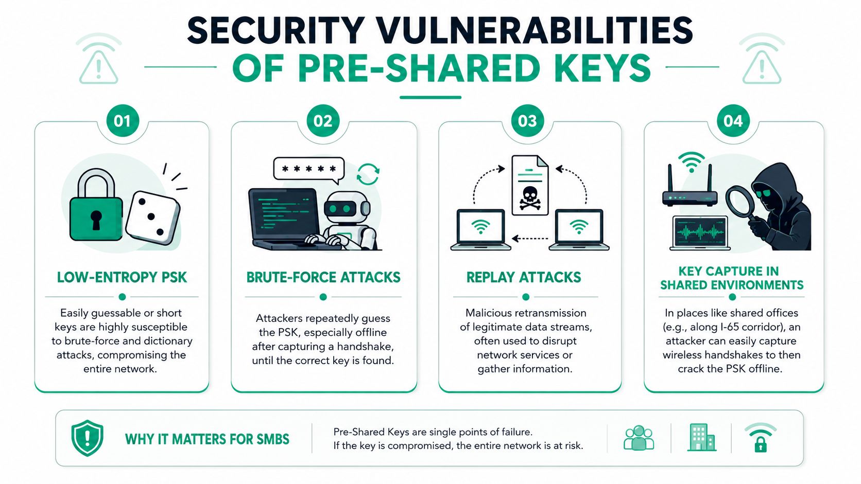 An infographic detailing security vulnerabilities of pre-shared keys including brute-force, replay attacks, and key capture risks.