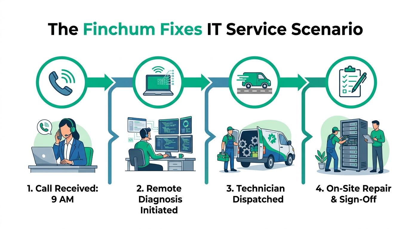 An infographic showing the four-step IT service process from call reception to remote diagnosis, dispatch, and on-site repair.