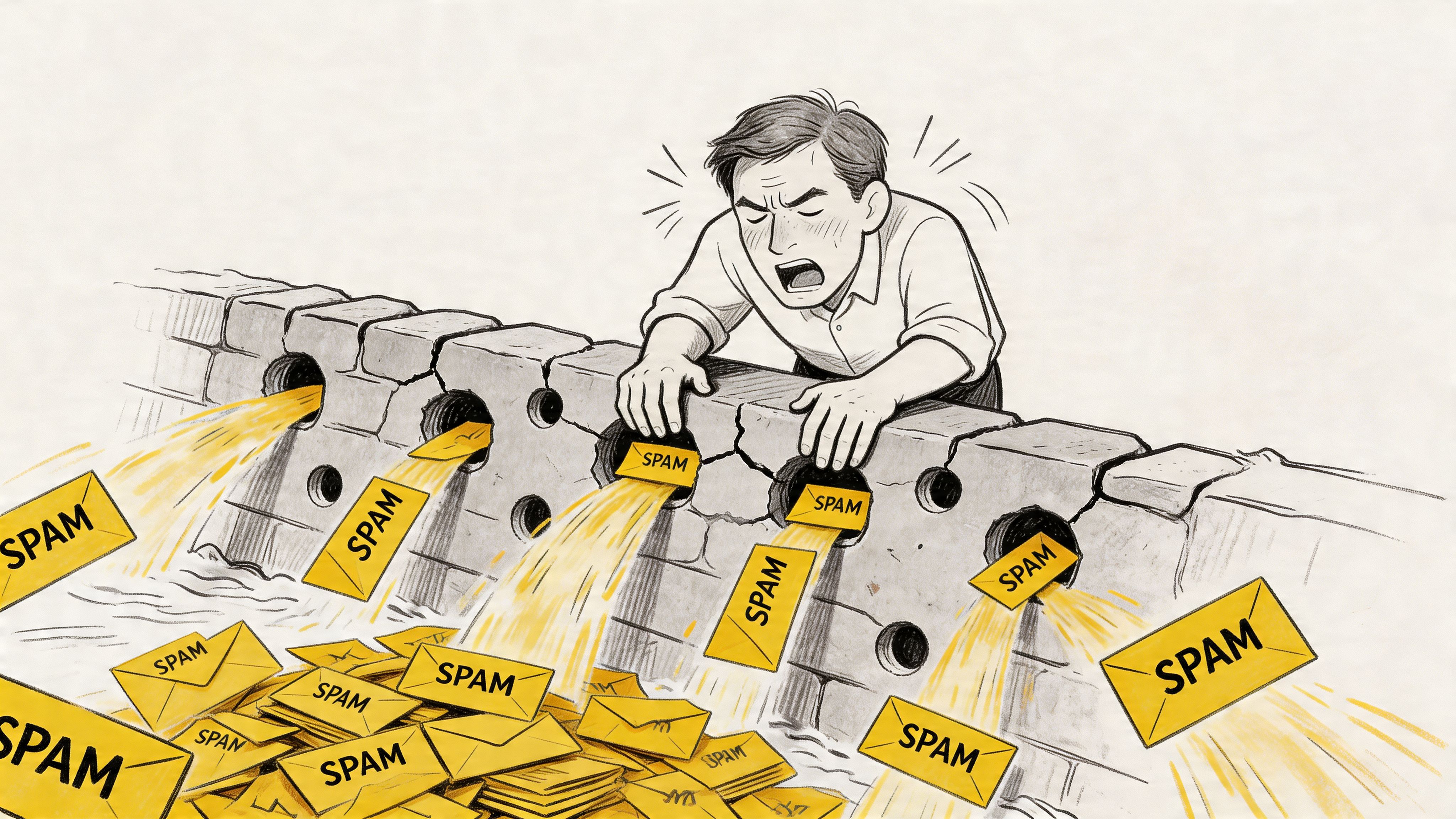 A man looking overwhelmed as spam emails pour out of holes in a crumbling stone wall.