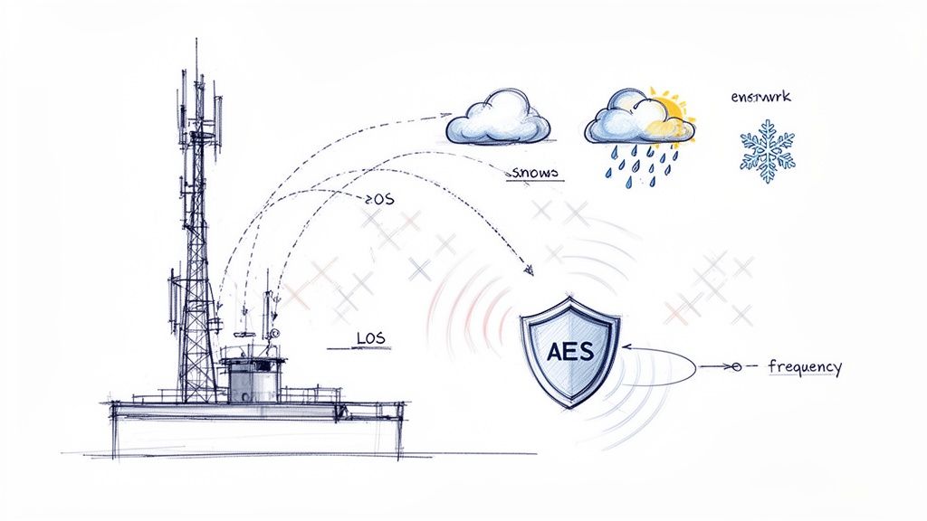 A sketch of a communication tower showing secure signals interacting with weather elements like snow and rain.