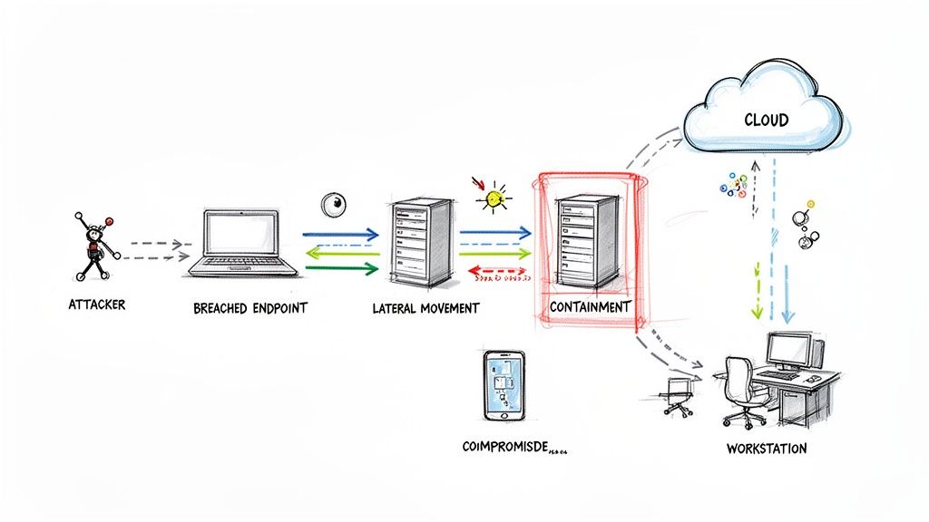 Diagram illustrating a cybersecurity incident response plan, showing attacker, breach, lateral movement, containment, and cloud interaction.