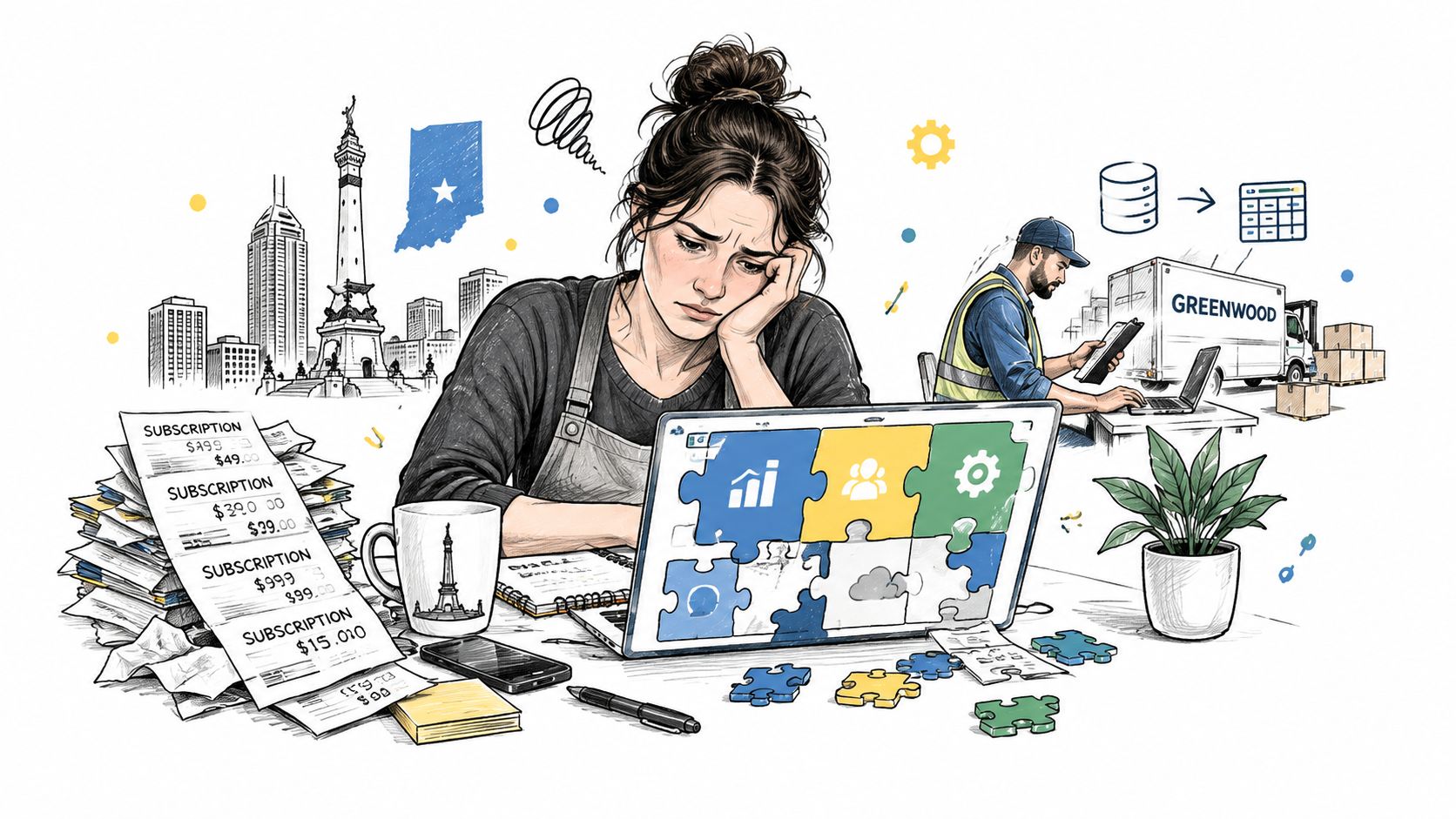 Stressed business owner working on laptop surrounded by paperwork and puzzles, symbolizing complex business management challenges.