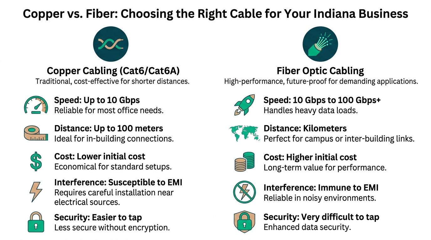 A comparison infographic between copper and fiber optic cabling for Indiana businesses showing speed, distance, and security.