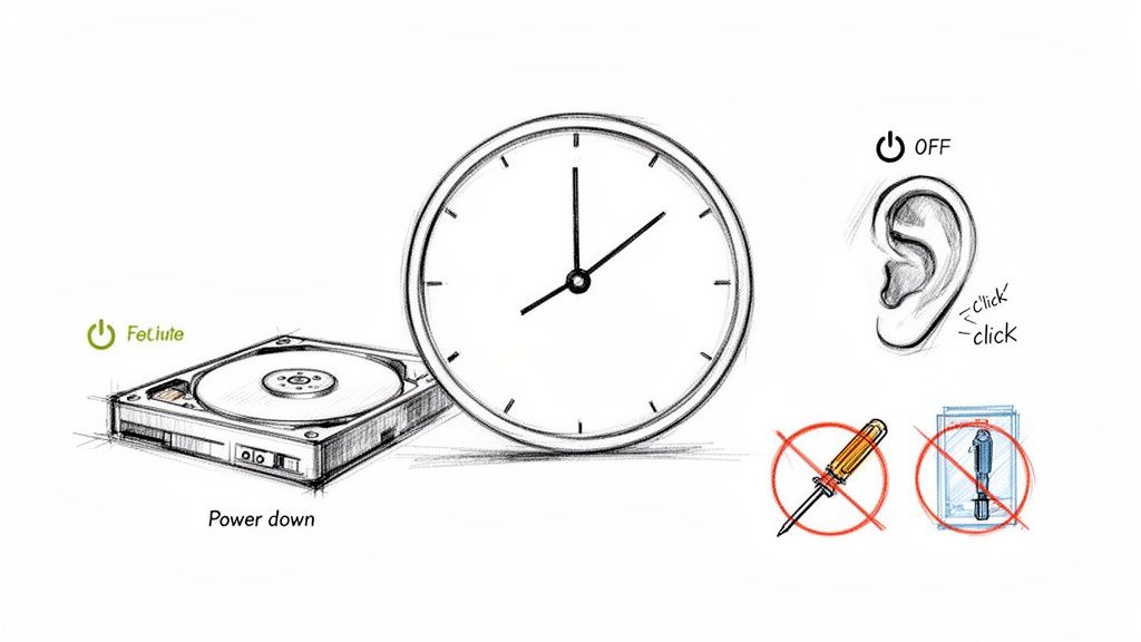 Diagram illustrating hard drive power down, waiting, listening for clicks, and avoiding self-repair with tools.