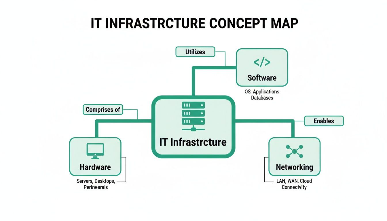 A concept map illustrating IT infrastructure, comprising hardware, utilizing software, and enabling networking.
