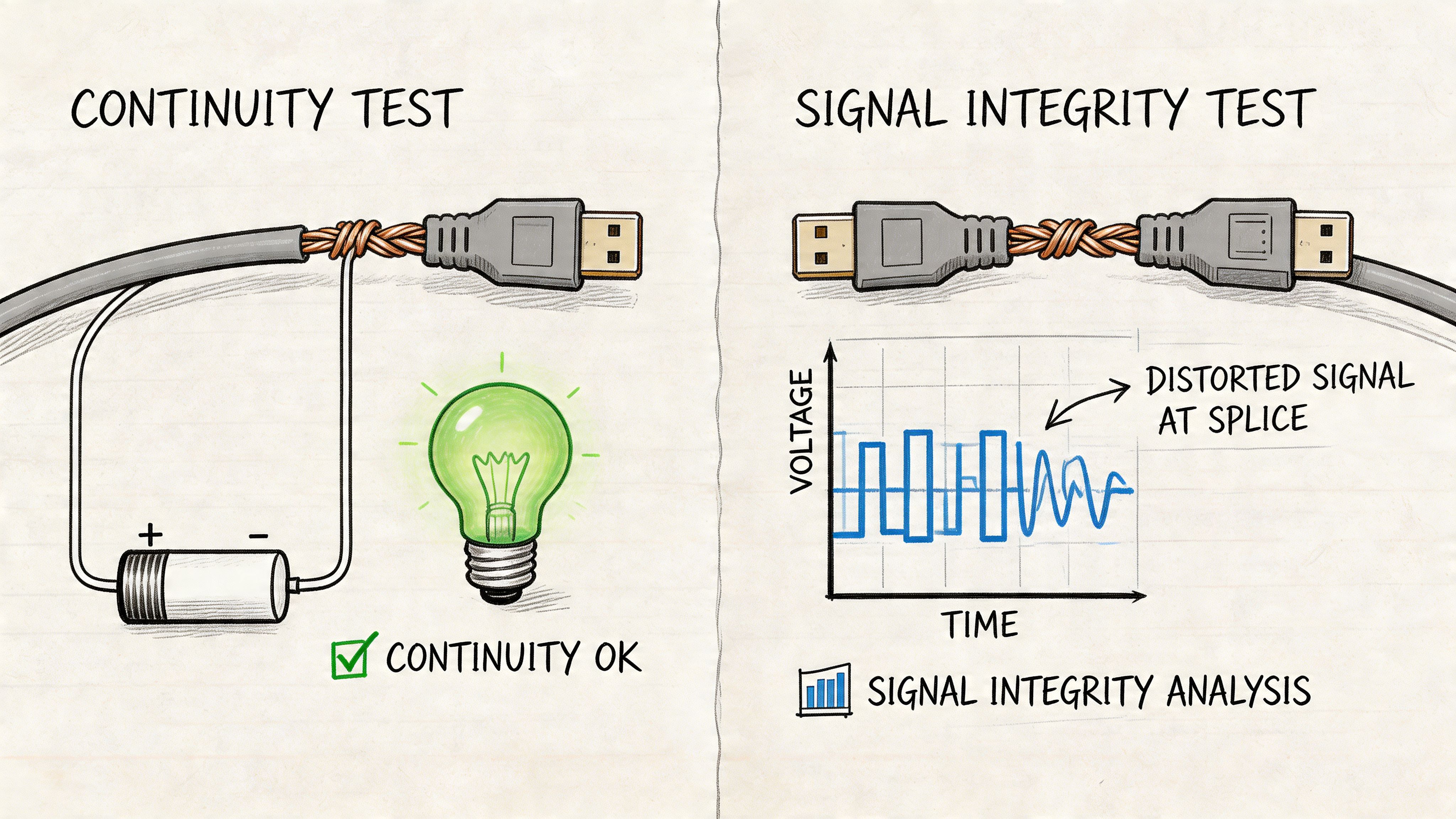 A diagram comparing a simple continuity test with a battery and light versus a signal integrity analysis.