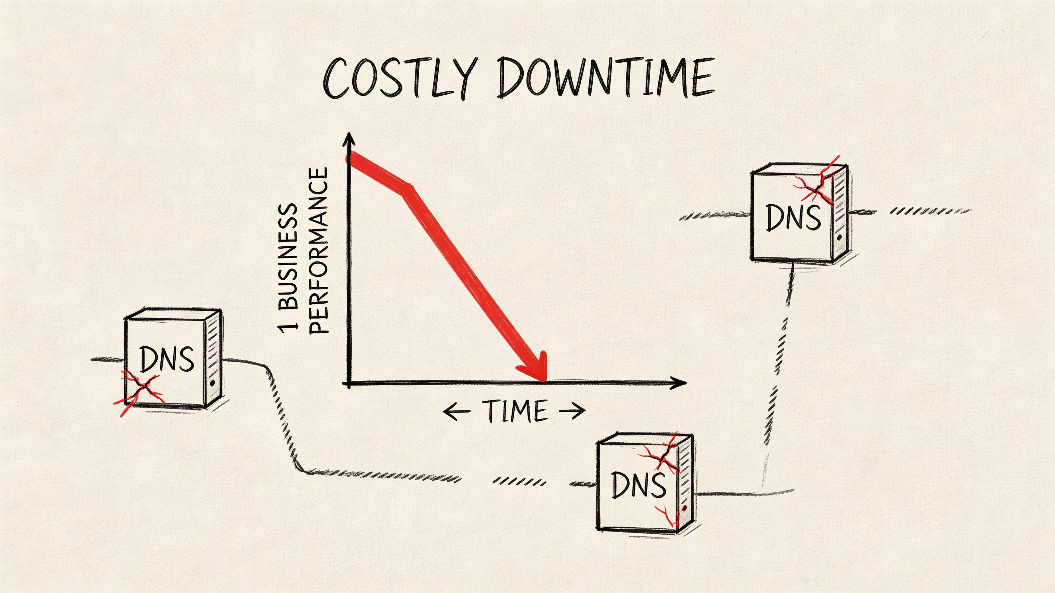 A hand-drawn illustration showing DNS servers with cracks, representing network failure and declining business performance over time.