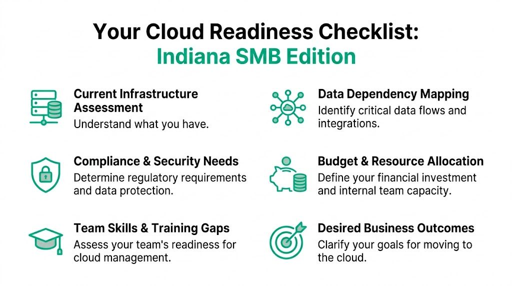 A cloud readiness checklist for small to medium businesses including infrastructure, security, budget, and team skills.