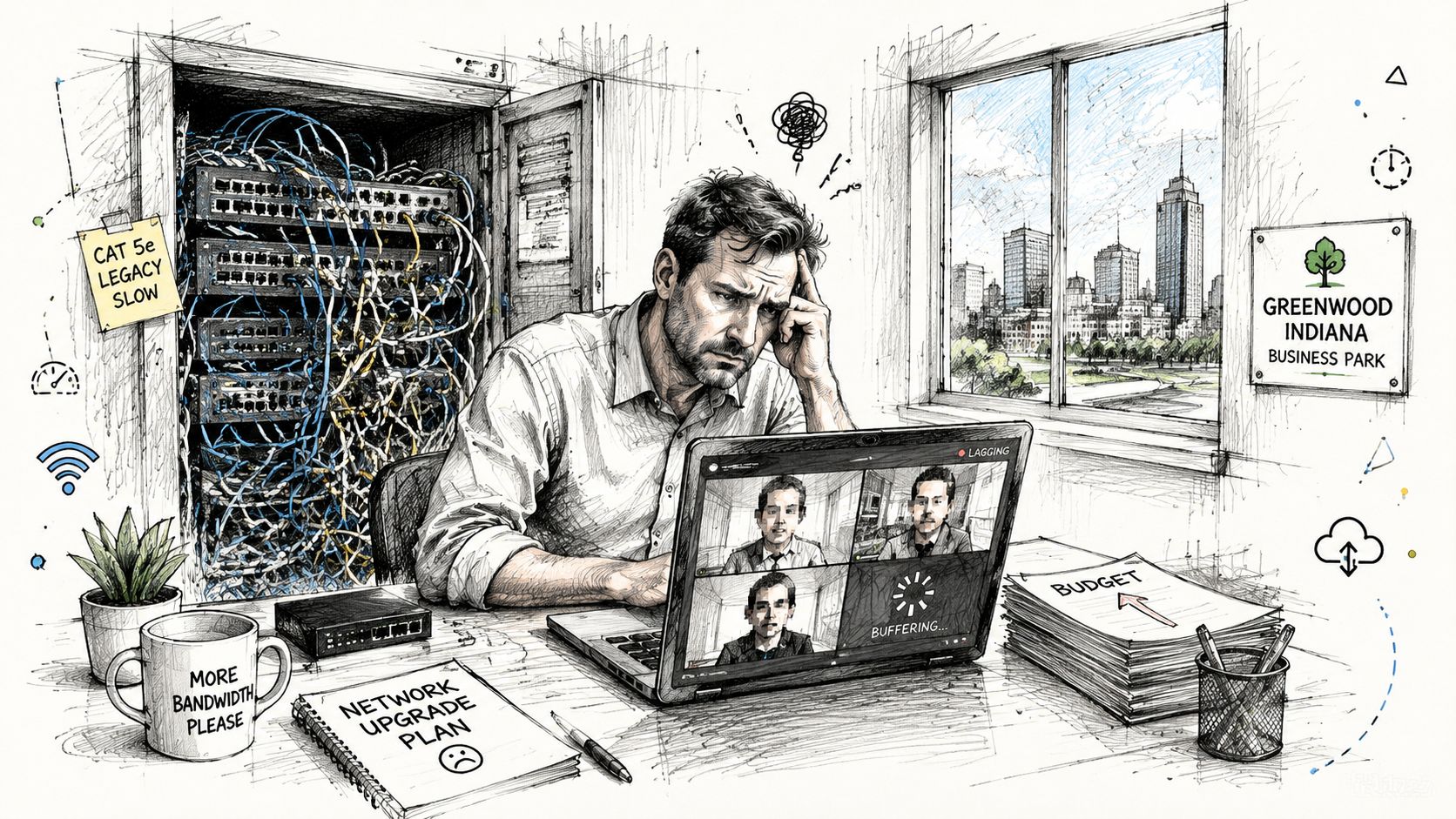 A frustrated office worker struggling with network lag during a video call while managing IT equipment infrastructure.