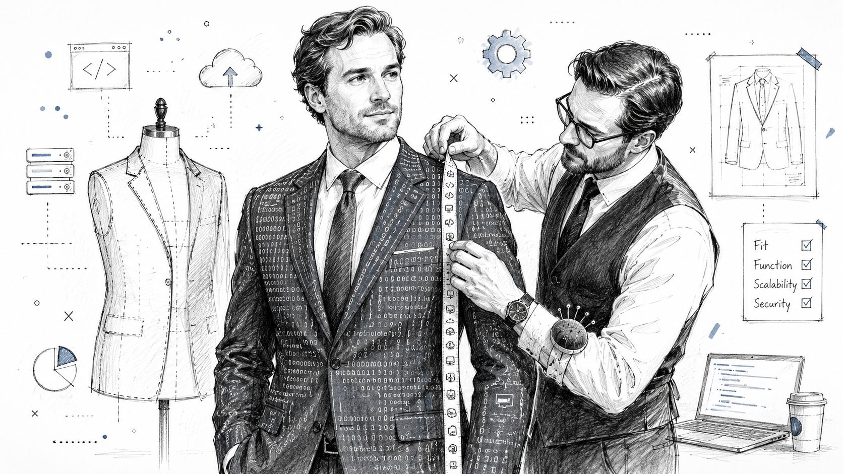 A professional tailor takes measurements for a custom suit designed with binary code and software development icons.